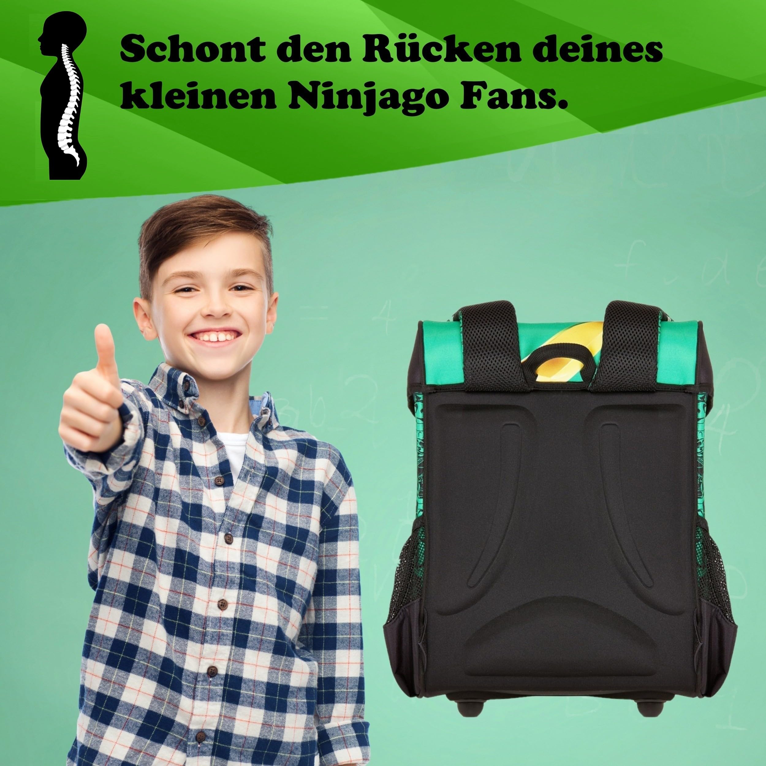 Familando - Schulranzen Set 9-teilig mit Sporttasche - Ninjago Grün - Ergonomisch, stabil & mit gepolstertem Rücken - 790g leicht mit 16L Volumen - wasserabweisend und mit Reflektoren - Ab 1. Klasse
