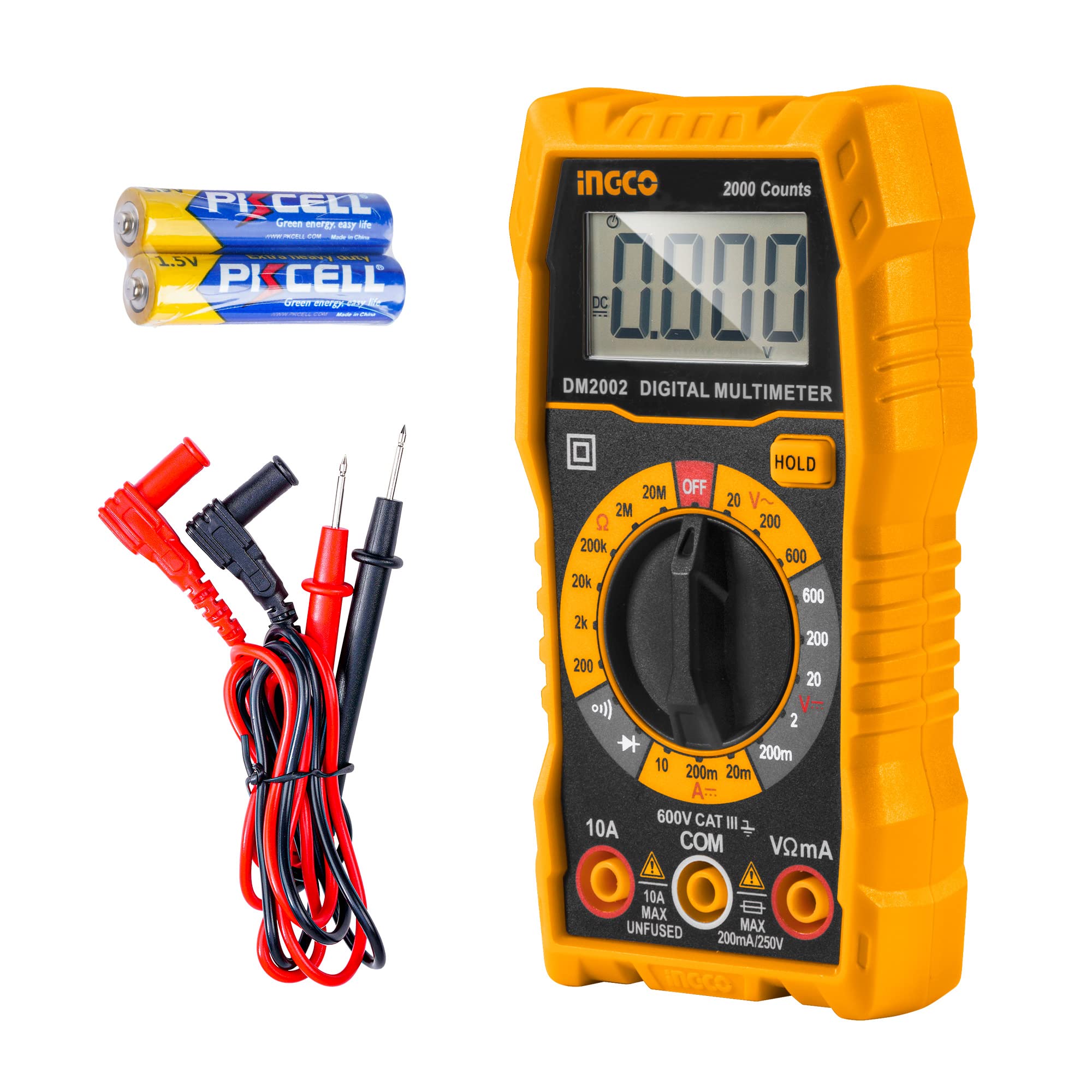INGCO Digital multimeter 2000 Counts, Multimeter Voltage Tester Auto-ranging, LCD with Backlight, AC/DC Voltage DC Current Resistance Diodes
