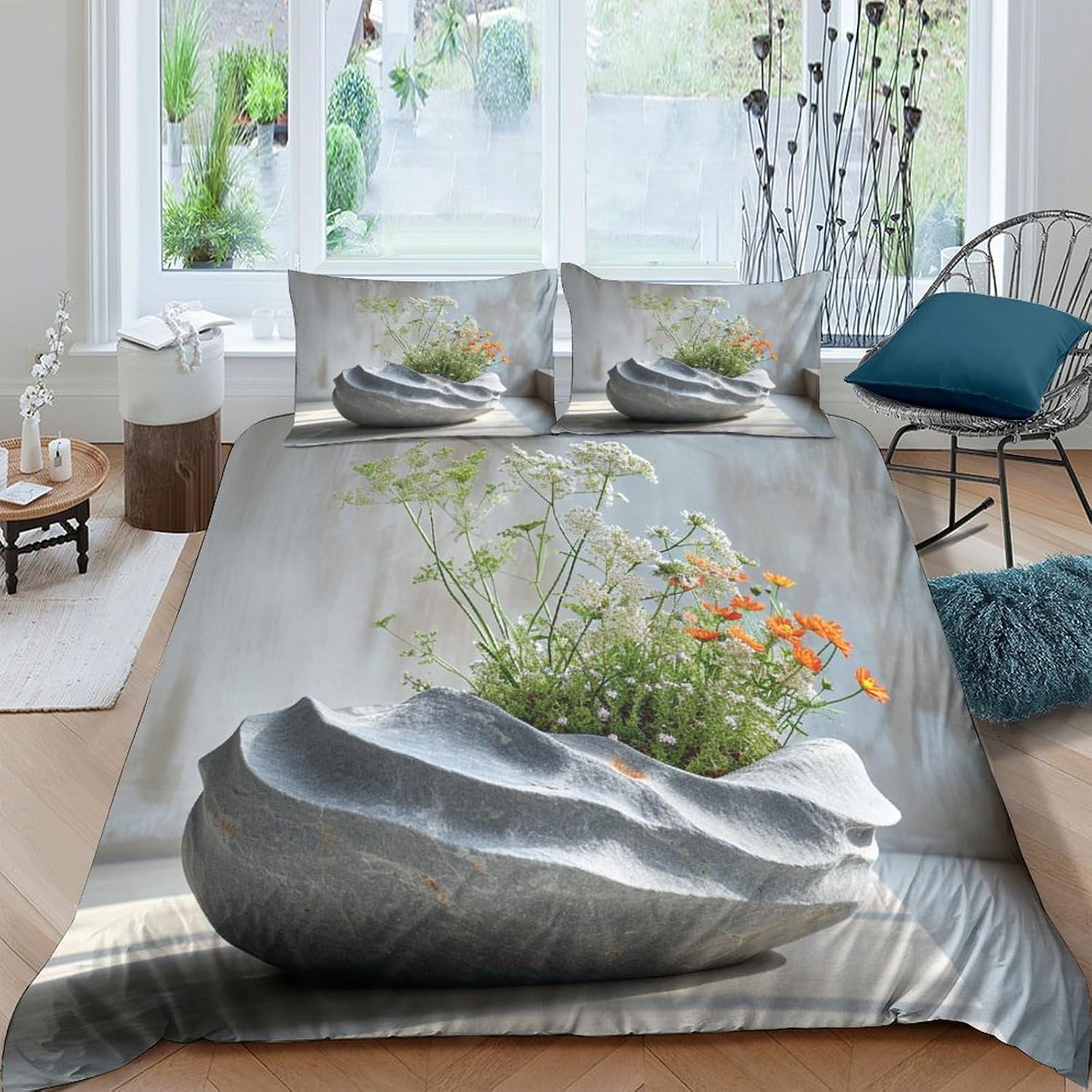 Parure de lit plante à fleurs 260x240 housse de couette 3 pièces doux microfibre zipper