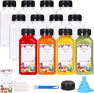 SUPERLELE 12pcs 8oz Plastic Juice Bottles with Black Tamper Evident Caps, Reusable Clear Juice Containers with Labels, Funnel and Brush for Juicing, Smoothie, Milk