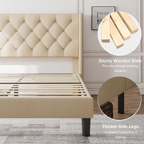 Miniatura 12 de Feonase Base de cama de tamaño matrimonial con cabecera tapizada con respaldo de ala, plataforma y soporte de listones de madera resistente, fácil