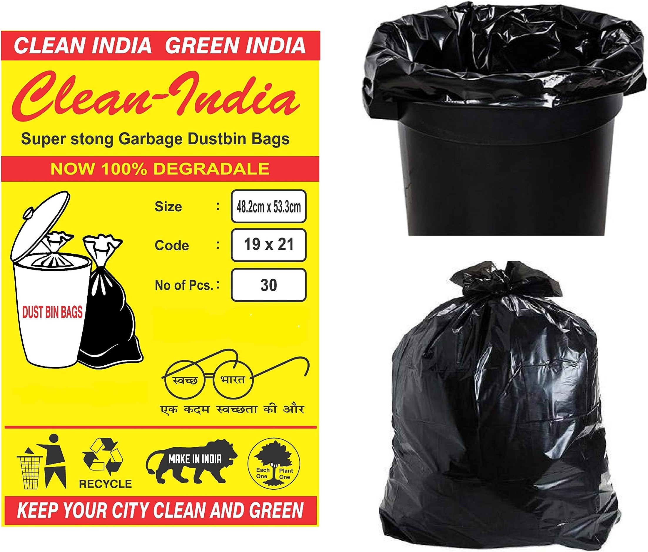 C IClean India - Garbage Bags | 8 Packs of 30 Pcs - 240 pcs | 19x21 Medium Black Disposable Kitchen Trash Waste Dustbin Bags and Covers of 54x48 Cm