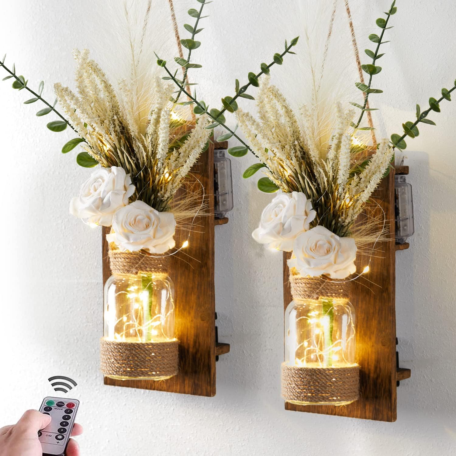 Anna's Whimsy 2PACK Mason Jar Sconce Wall Decor Rustic with Remote Control LED Fairy Lights - Artificial Flowers Spring Decorations for Home Bedroom Farmhouse(White Rose)