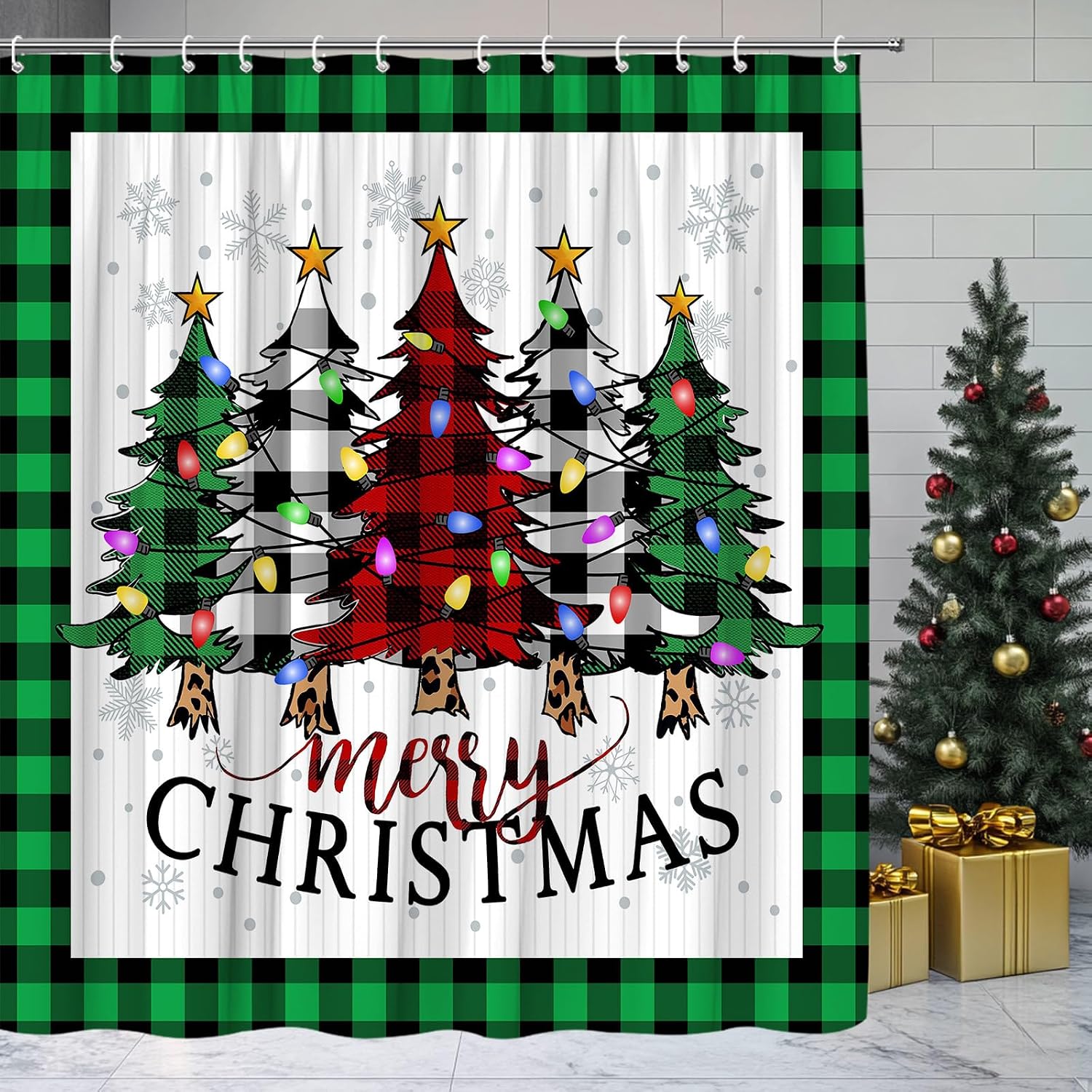 Merry Christmas Shower Curtain Xmas Trees Red Grey Buffalo Plaid Snowflake Farmhouse Winter Fabric for Bathroom Decor Bathtub with Hooks (70" WX84 H)