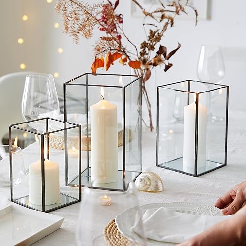 QL - Portavelas de huracán, juego de 3 portavelas de cristal grande, portavelas de vidrio templado transparente con 3 tamaños (borde negro brillante