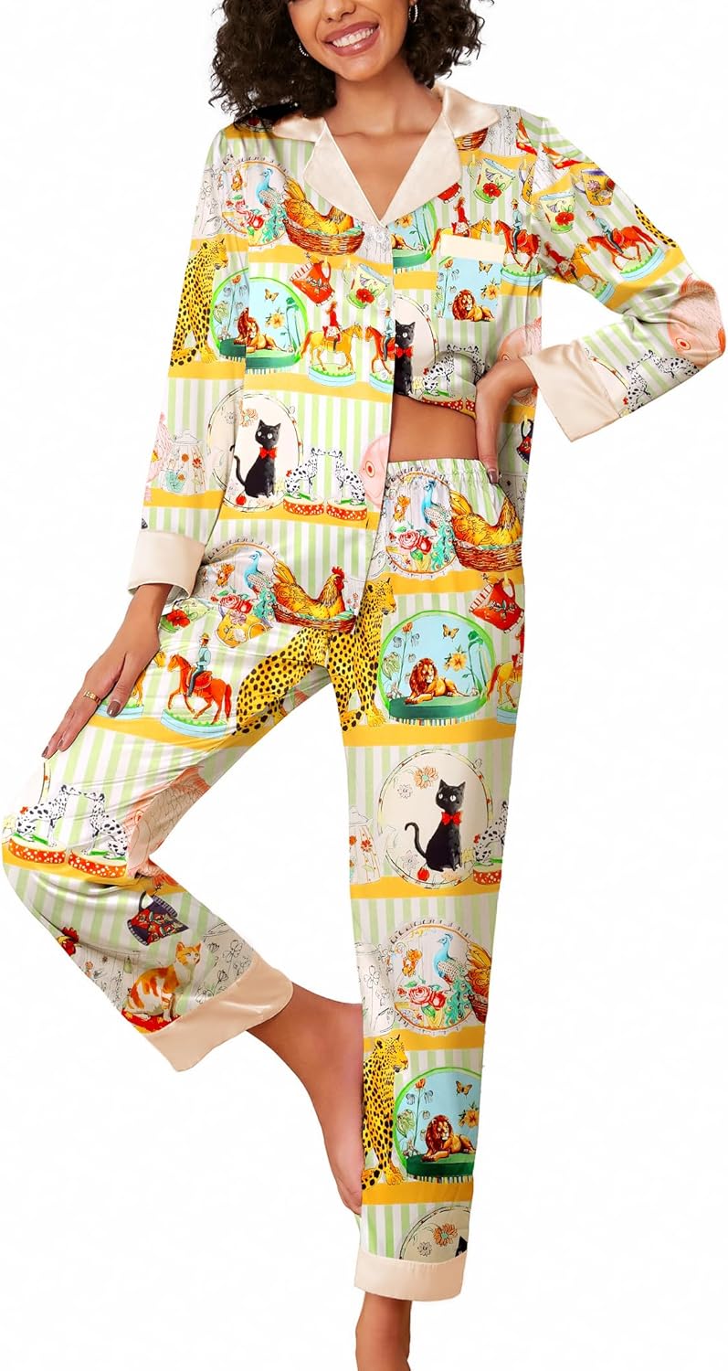 Ekouaer Silk Pajamas for Women Long Sleeve Satin Pajama Set Striped Leopard Print Pj Sets Button Down Loungewear Sleepwear