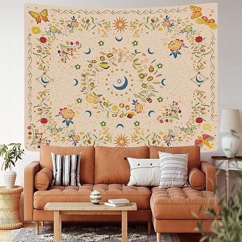 Miniatura 2 de TTYQXZ Tapiz de pared  Tapiz floral bohemio para colgar en la pared, sol celestial, luna y estrella, para decoración hippie del hogar, estética de