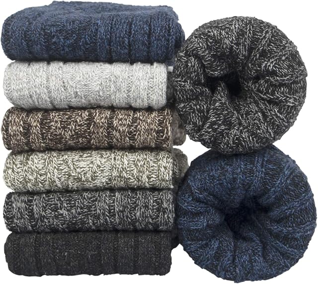 6pcs Men's Socks Merino Wool Winter Thermal Soft Classic Thick Business Chunky Breathable Premium Hiking Socks Sweat-wicking Lightweight Wool Socks Gift for Men Women (Multicoloured 6) UK 6-12