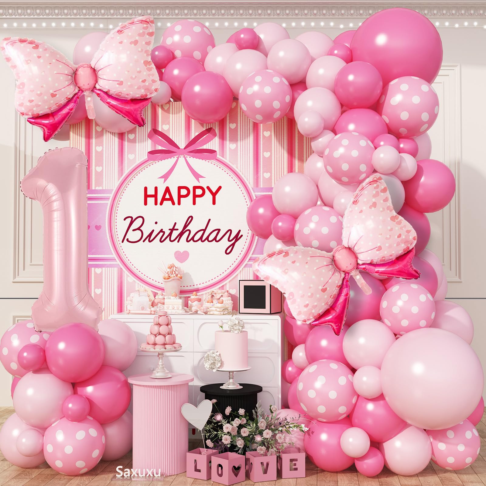 Light Pink Balloon Garland Arch Kit with Baby Pink 40 Inch Number 1 Balloon and Bow Foil Balloon, 1st Birthday Decorations for Girl Princess 1 Year