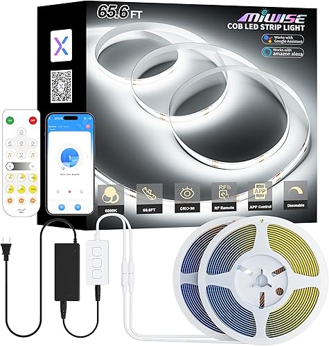 MIWISE COB - Tira de luces LED de 65.6 pies65.6 ft, certificación UL, CRI 90+ regulable, 6000 K, luz blanca diurna, súper brillante, con control por