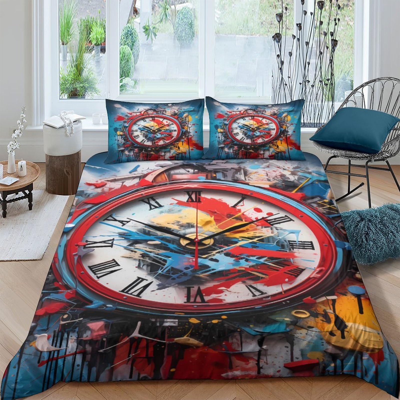 GPLZQXKJNH 3D Printed Abstract Clock Duvet Cover Microfiber Soft Breathable Graffiti Bedding Set with 2 Pillowcases for Bedroom Decor Single（135x200cm）