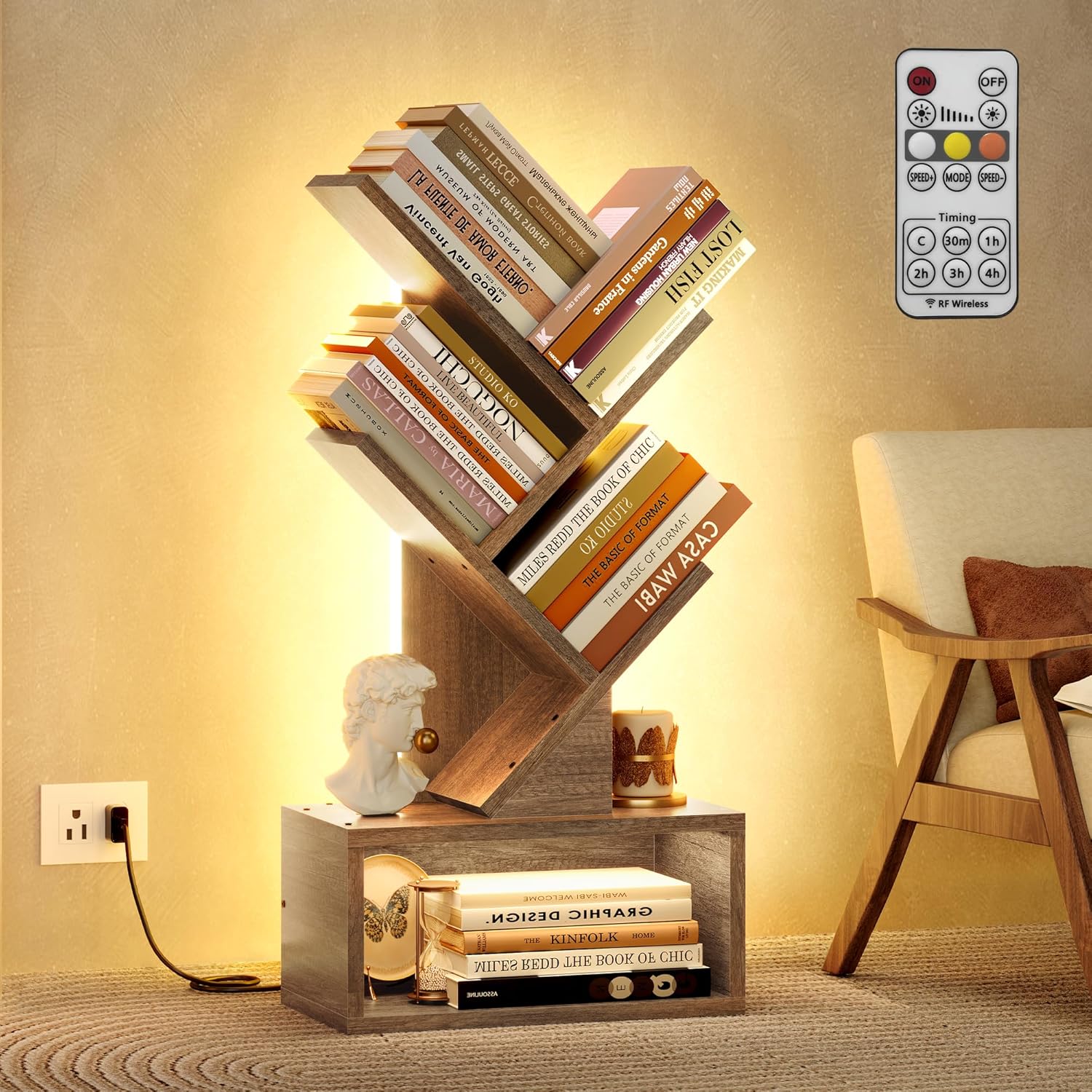 Hoctieon 3 Tier Tree Bookshelf with LED Lights, Small Bookcase with Drawer, Desktop Organizer Book Shelf, Display Floor Standing Storage Shelf, for Living Room, Bedroom, Office, Greige