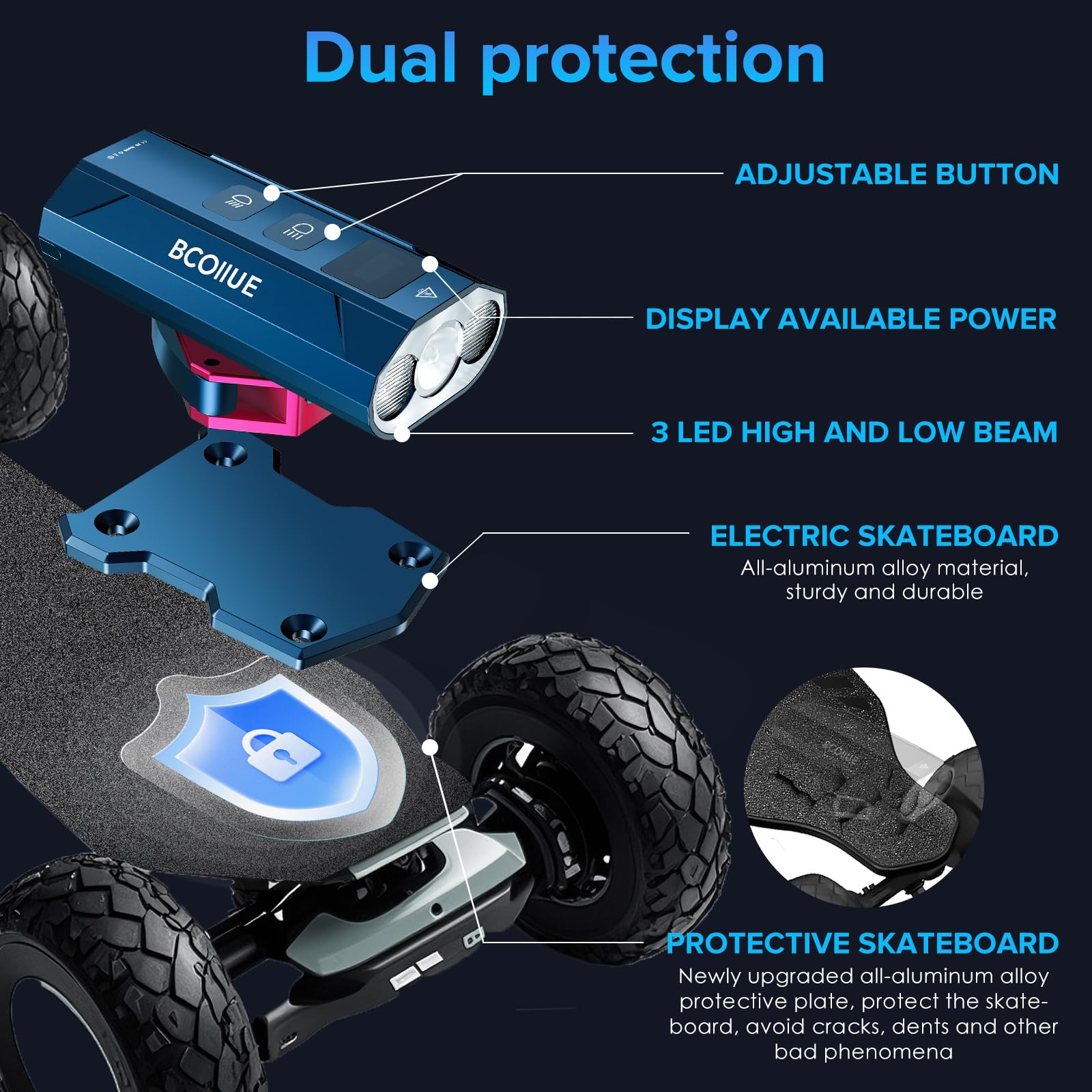 Lumières de skateboard, super lumineuses | 10 000 mAh 74 + h de temps de fonctionnement | Alliage d'aluminium T6 ultra dur | Affichage numérique de l'alimentation | Lumières de longboard à