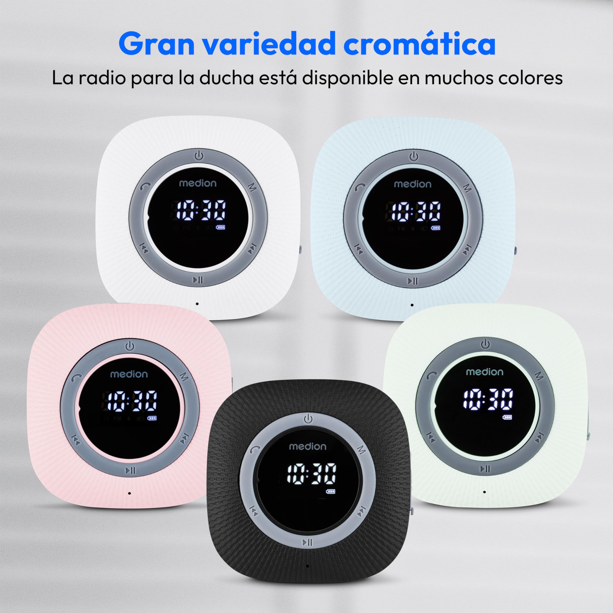 MEDION P66096 Radio de Ducha con Bluetooth (Radio de baño, Radio FM, Ventosa, Pantalla LED, Impermeable IPX6, batería Recargable integrada, MD43884) Blanco