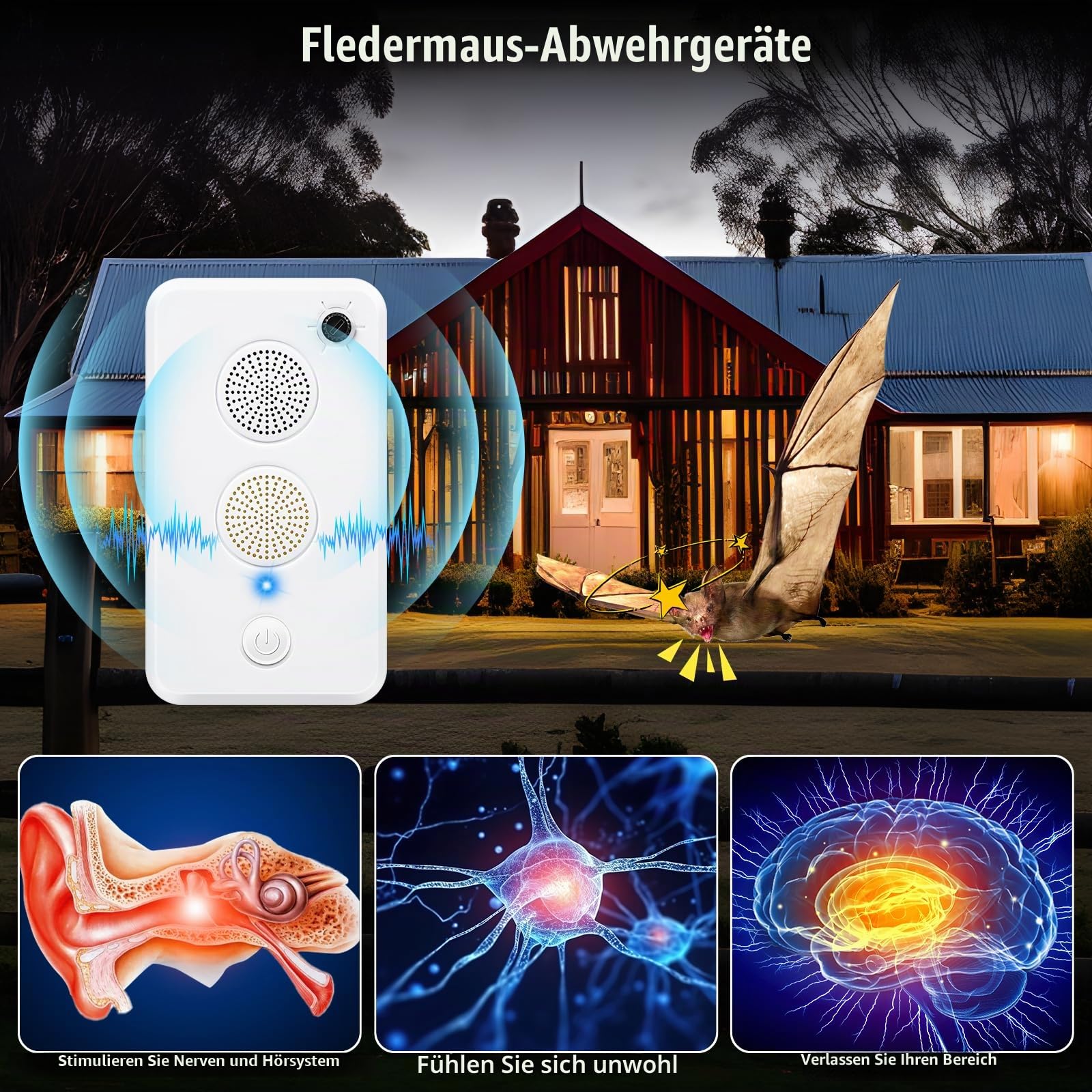 2 Stück 2025 Ultraschall Fledermausabwehr Abschreckung Geräte für Dachboden Elektronisches Fledermaus-Abwehrsystem für Veranda Haus Schädlingsbekämpfung, freundlich für Mensch und Haustier