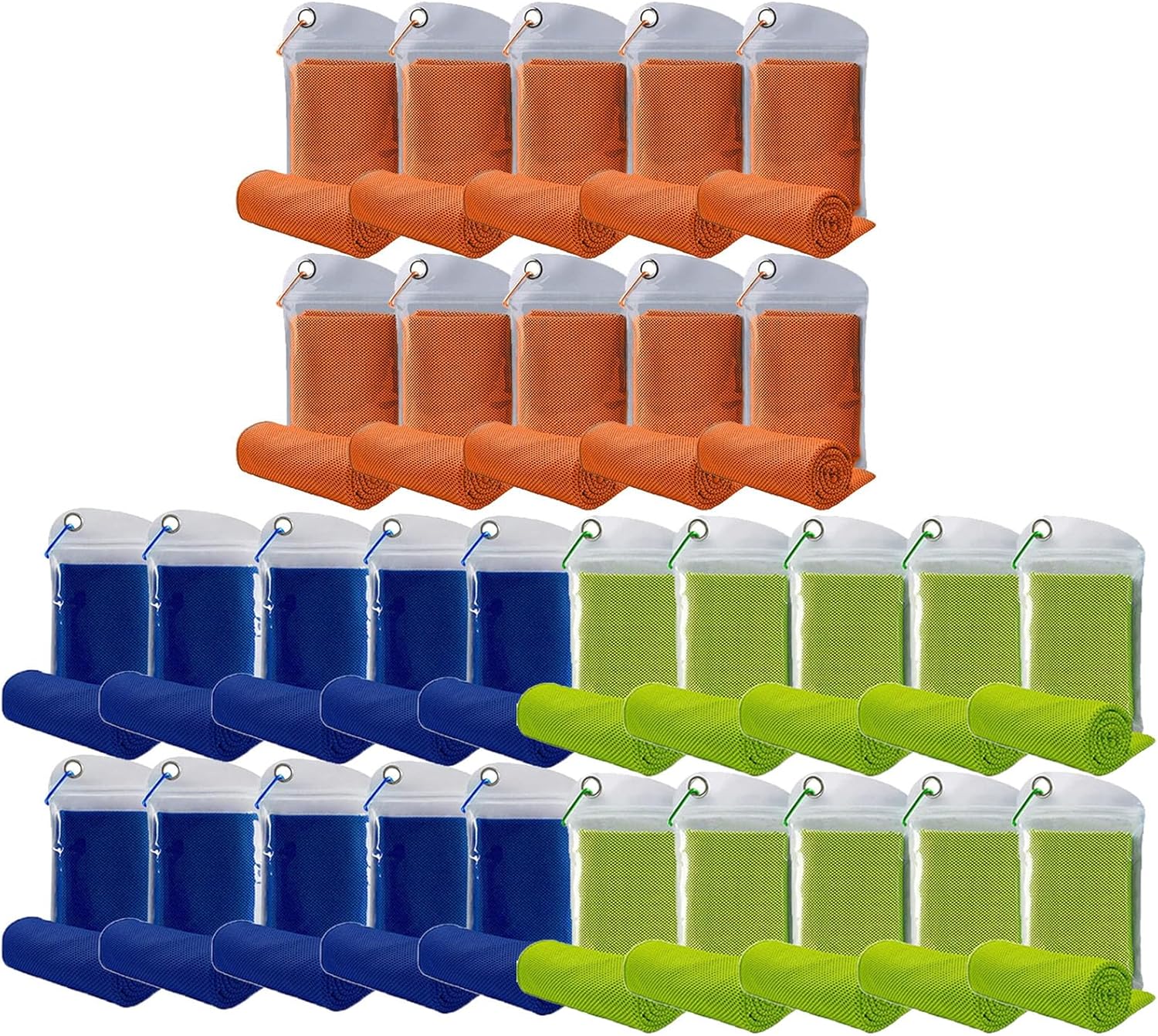 30 Pack Cooling Towels Bulk Microfiber Ice Quick Dry Breathable Chilly Sweat Towel Stay Cool Towel for Neck Face Yoga Gym with Carabin Bag, 40x12'', Orange and Dark Blue and Green