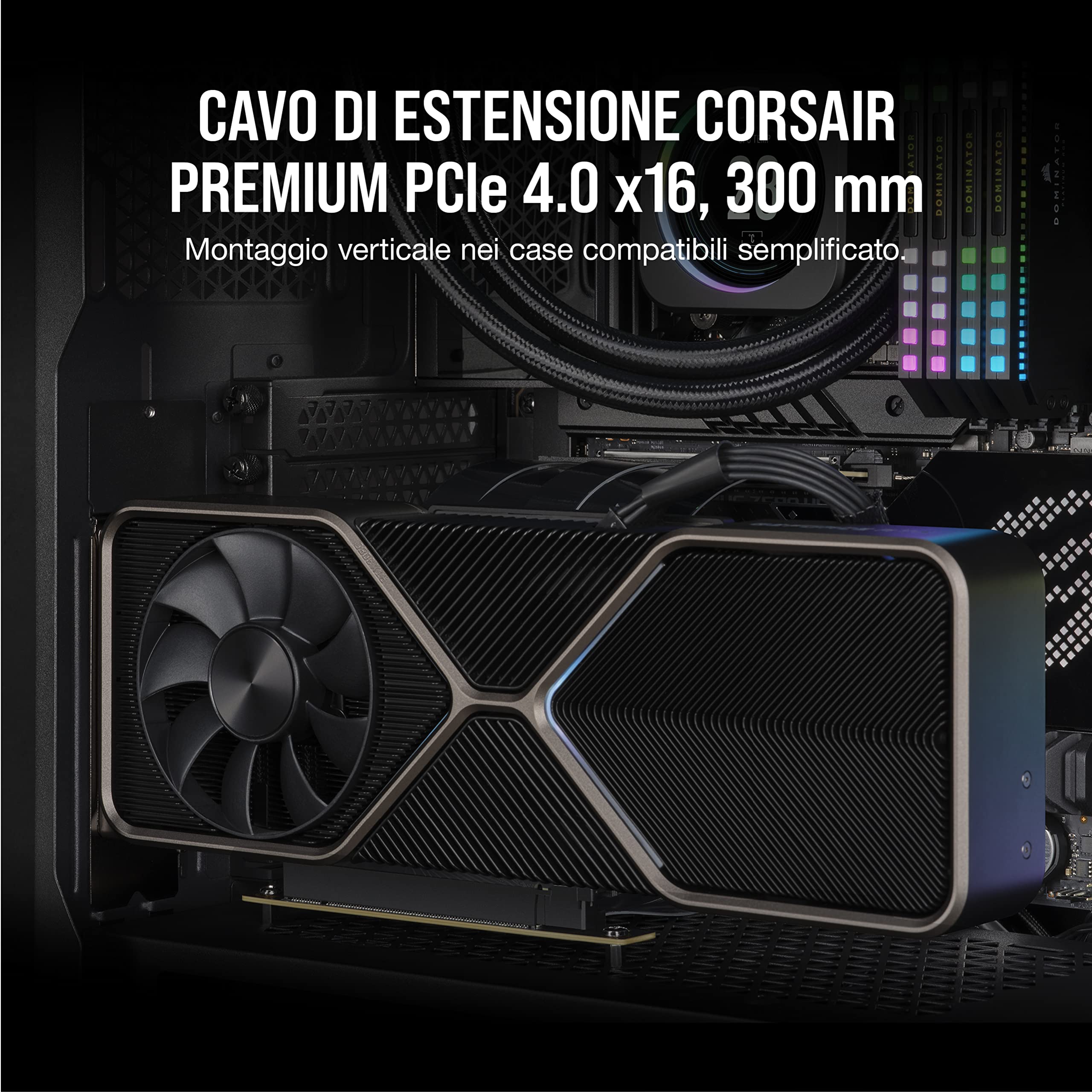 Corsair Premium PCIe 4.0 x16, 300 mm Cavo di Estensione - con Schermatura EMI - PCIe Femmina con Angolo di 90 - Compatibile con PCIe 3.0 per Una Maggiore Retrocompatibilità - Nero