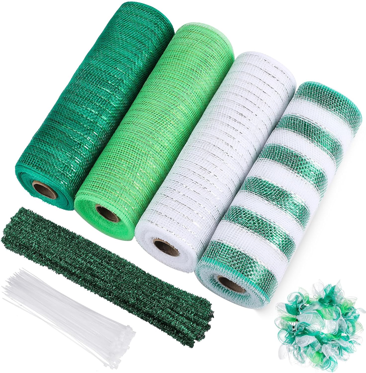 Funtery 4 Rolls 40 Yards st Patricks Day Deco Mesh Ribbon Roll Decorative Green Deco mesh 10 inch with Chenille Stems and Clear Zip Ties for St.Patrick's Day Decoration DIY Flower Wreath
