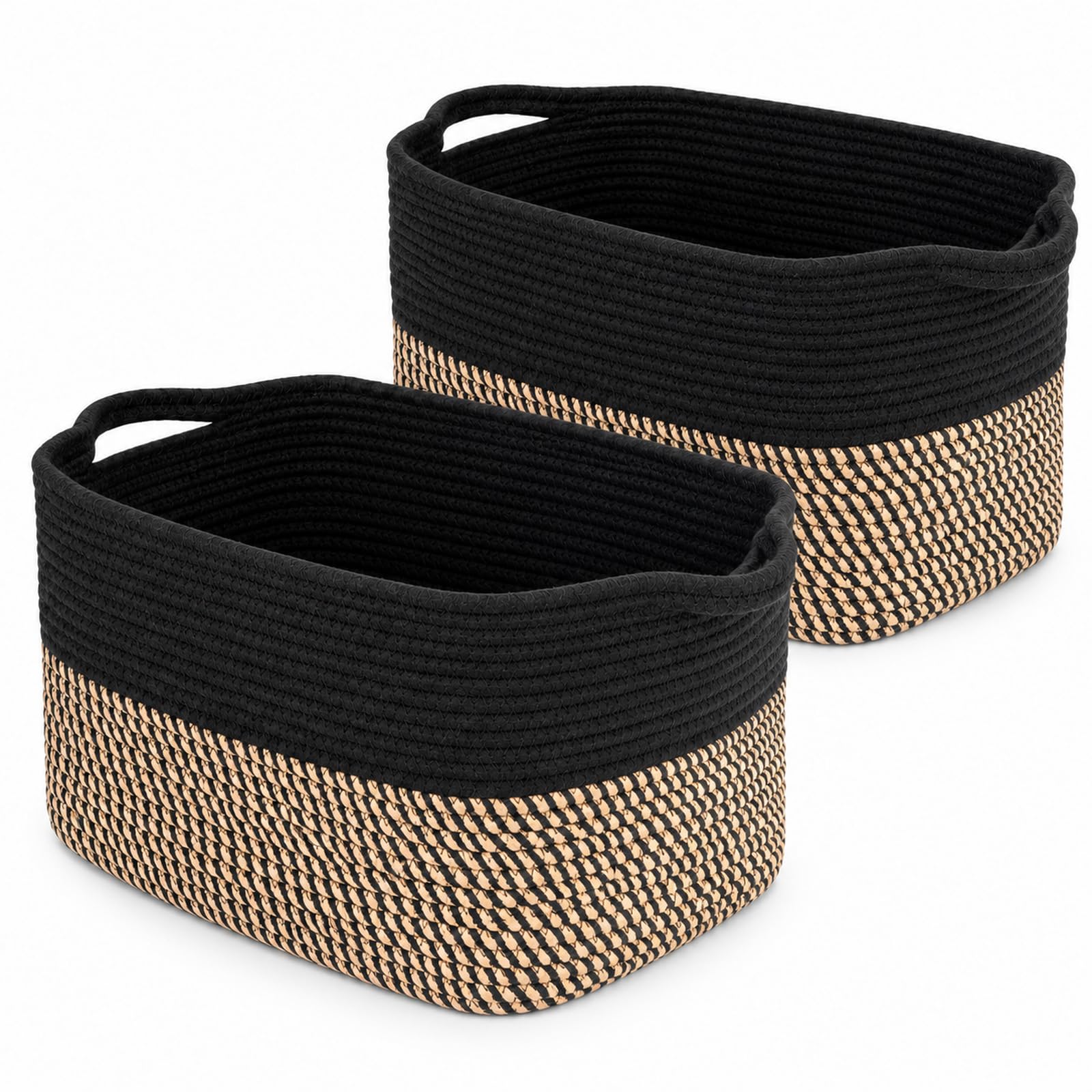 Gzsekken 2 Pack Woven Storage Baskets Rope Storage Baskets Two Tone Cotton Rope Baskets with Handle,Laundry Organiser Nursery Decor Laundry Hamper, Black+Khaki (33x25cm)