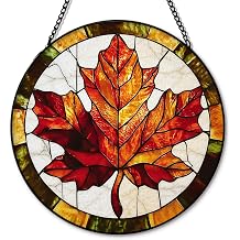 Fall Maple Leaf Stained Glass Suncatcher Garden Sculptures 7.8x7.8 | Rustic Autumn Maple Leaf Sun Catchers Indoor Window Glass Round Wall Decor, Farmhouse Fall Wall Art Hanging Decorations