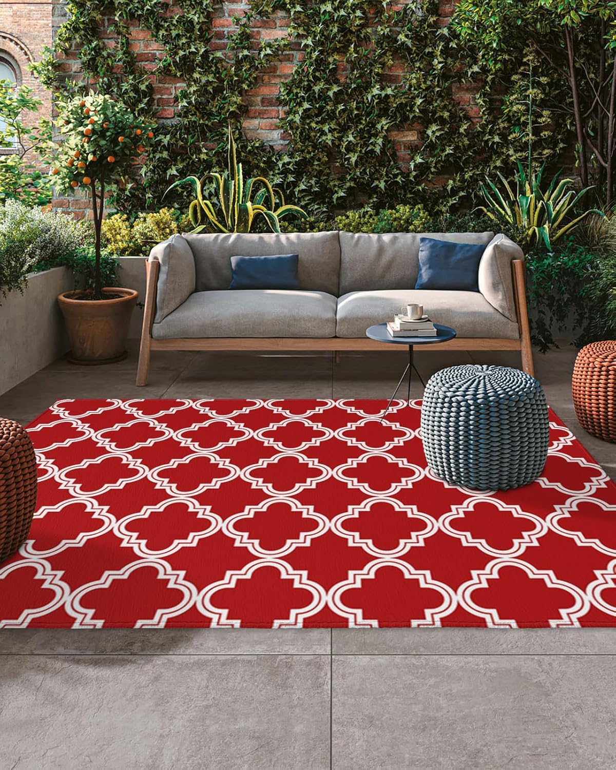 Outdoor Rug 5'x8' for Patio Clearance Large Outside Rug Chenille Patio Rugs Indoor Outdoor Carpet Red Morocco Pattern Texture Area Rugs for Camping Porch Deck Balcony