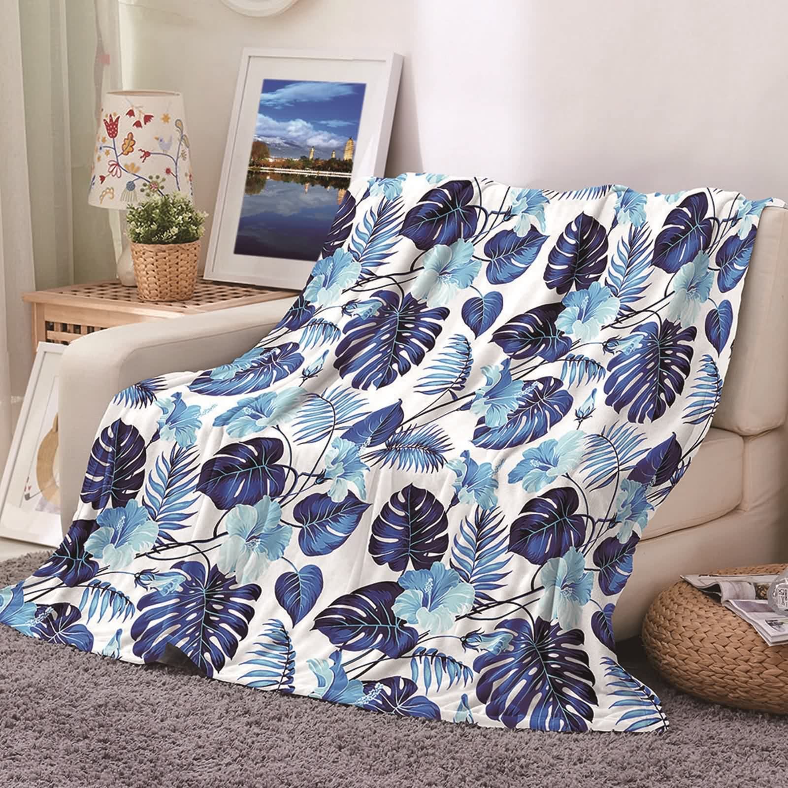 Couverture polaire flannel douce 80x120cm canapé chambre bleu blanc
