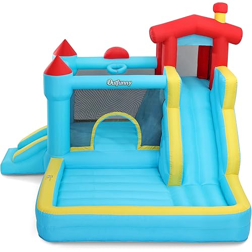 Inflatable Bounce House, Large Bouncy Castle for Kids with Slide, Outdoor & Indoor, 450W Blower - Blue