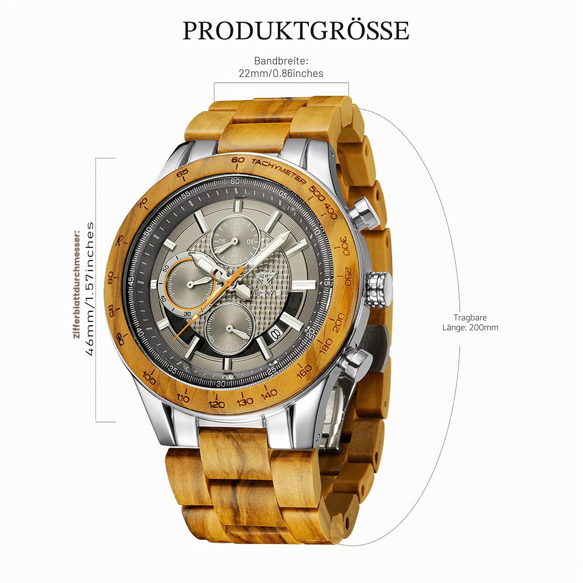 Armbanduhr aus Holz und Edelstahl für Herren, Chronograph mit 3 Zifferblättern, Quarz, Freizeit, Business, Multifunktionsuhr, aus Holz, handgefertigt