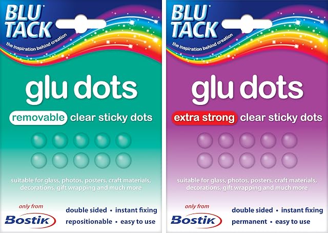 2 Packs of Bostik Bostick Blu Tack Blue Tac Tak Sticki Sticky Glue Adhesive Dots 1 Pack of Extra Strength Permanent + 1 Pack of Removable 64 dots per pack manufacturer ref 805811 805828 new