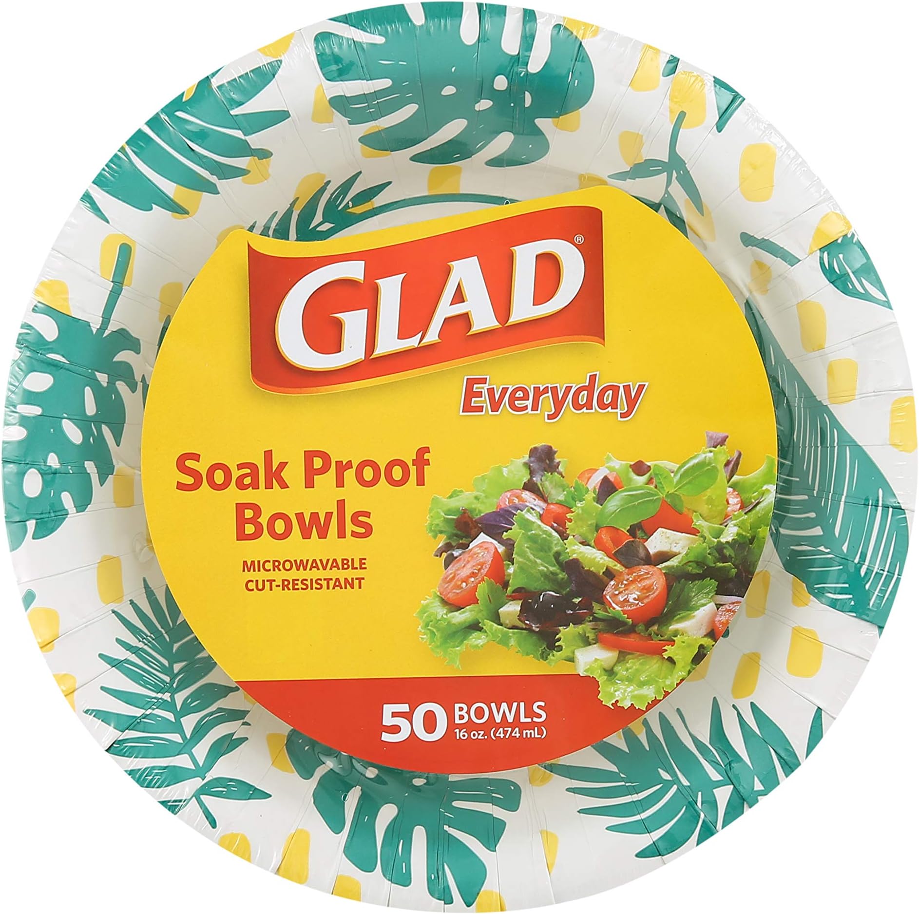 Glad Soak-Proof Palm Leaves Paper Bowls, Heavy-Duty Round Disposable Bowls for Soup, Salad and Snacks, Cut-Resistant and Microwave Safe for Daily Meals, Picnics and Parties, 16 Ounce, 50 Count