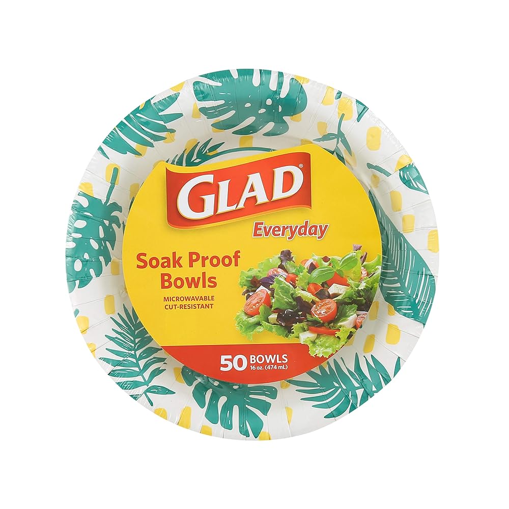 Glad Round Disposable Paper Bowls, Palm Leaves Design - Heavy Duty, Soak Proof, Cut-Resistant, Microwavable Bowl for All Foods & Daily Use, 16 Oz, 50 Count