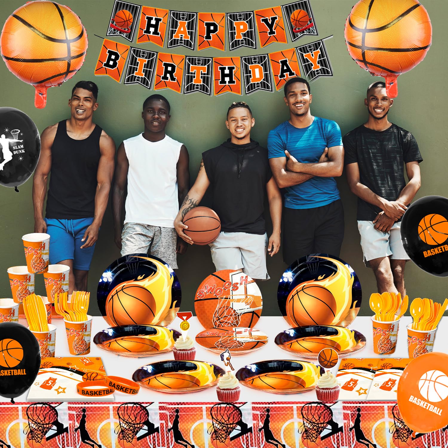Forniture per Feste di Compleanno Pallacanestro,98 Pezzi Set di Stoviglie Decorazioni per Feste di Pallacanestro Basket Piatto Tovaglioli Tazze Tovaglia etc Forniture Festa di Compleanno Tema Basket