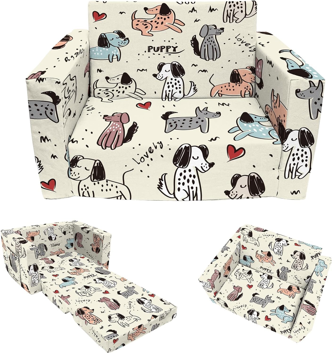 Kids Couch Sofa Bed, 2-in-1 Convertible Sofa to Lounger, Comfy Flip-Out Couch Chair Bed for Toddler Boys Girls (Beige-Dog)