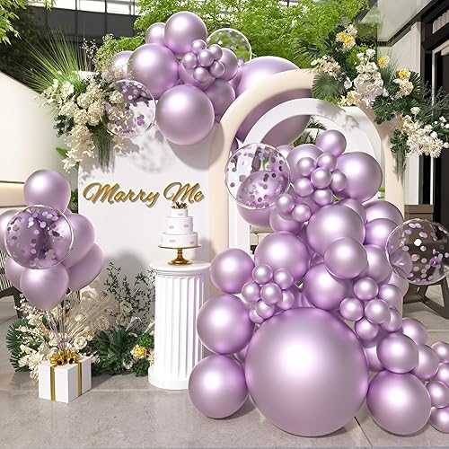 SUWEN Globos metálicos de lavanda y globos de confeti de 1812105 pulgadas, diferentes tamaños, juego de 60 unidades, globos de látex brillante de