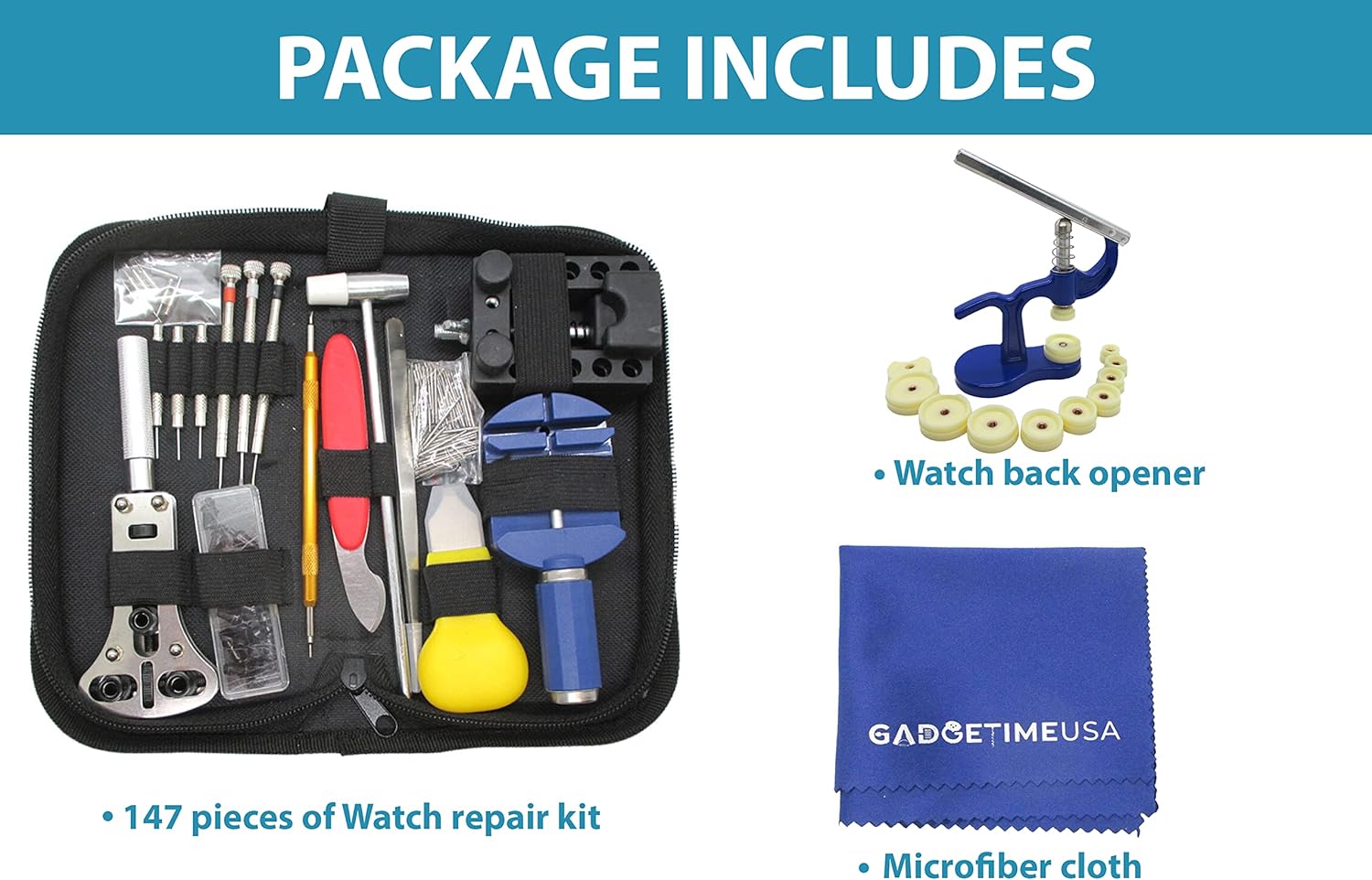 Gadgetime USA Unisex-Adults Watch Repair Tool Kit, Comprehensive Tool Set for Watch Repair and Maintenance, 147 Pieces, Includes Nylon Zipper Case, Battery, Band