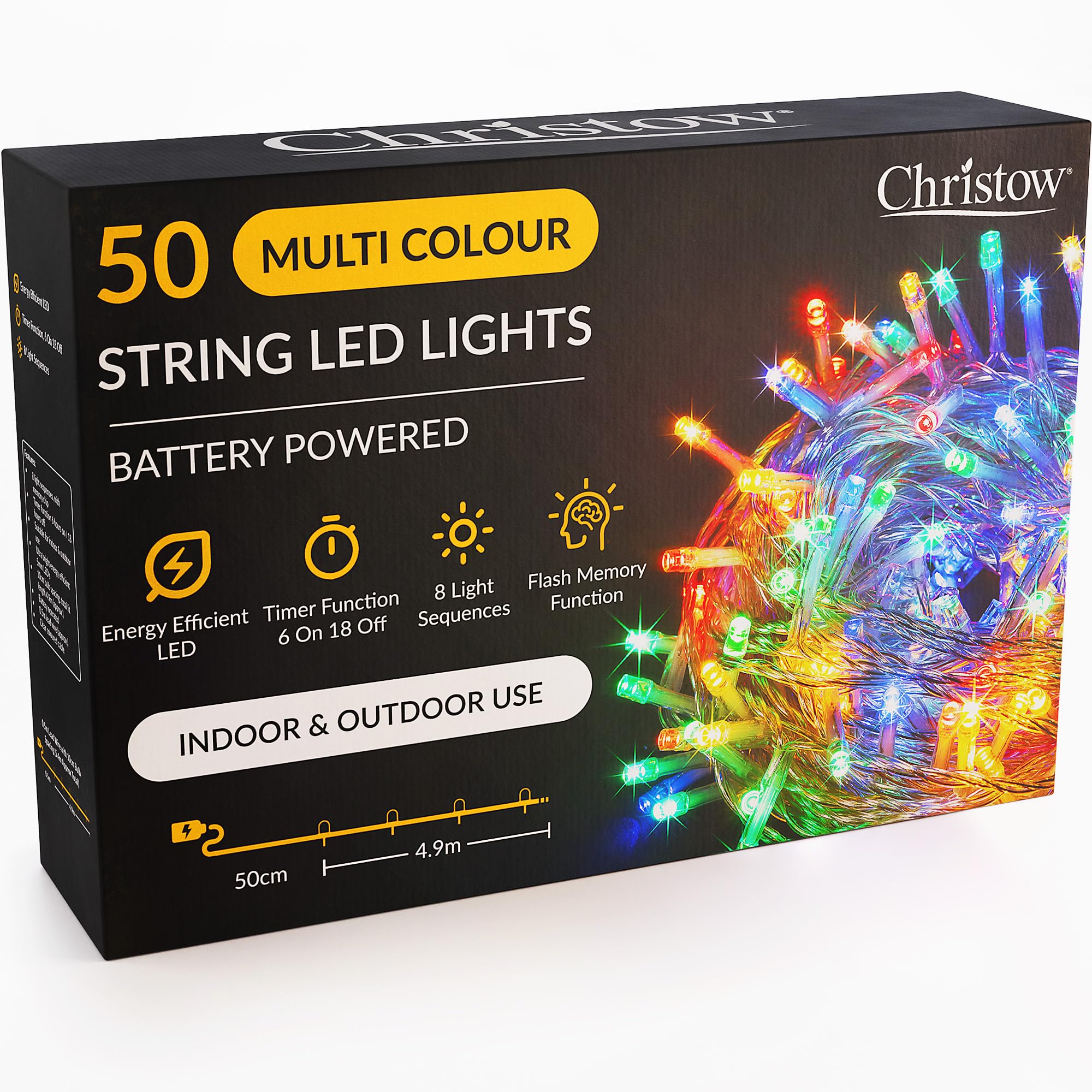 Christow Multi Coloured Christmas Fairy Lights Battery Operated, Multi-Coloured Led String Lighting With Timer, Indoor & Outdoor, 8 Light Modes Flashing & Static Glow, Clear Cable (50 Led / 5M Lit Length)