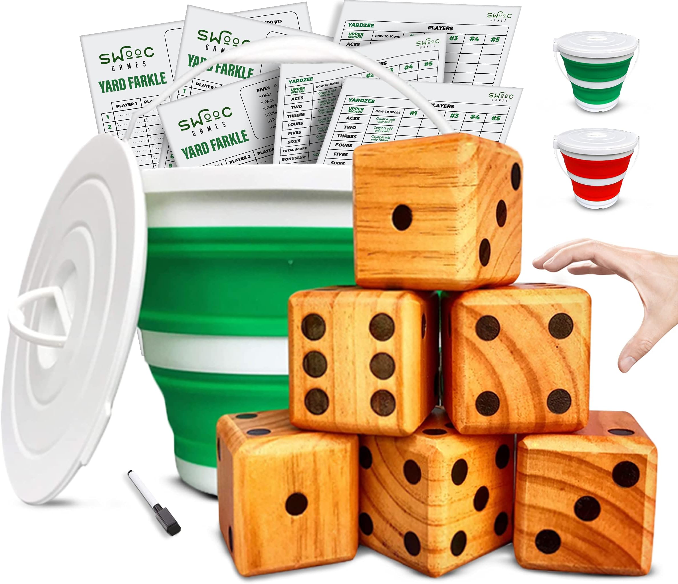 SWOOC Games - Yardzee, Farkle, & 20+ Giant Dice Games - Yard Dice (All Weather) with Bucket, Scorecards, & Marker - Giant Outdoor Game - Large Yard Game for Adults - Big Jumbo Die Set with Bucket