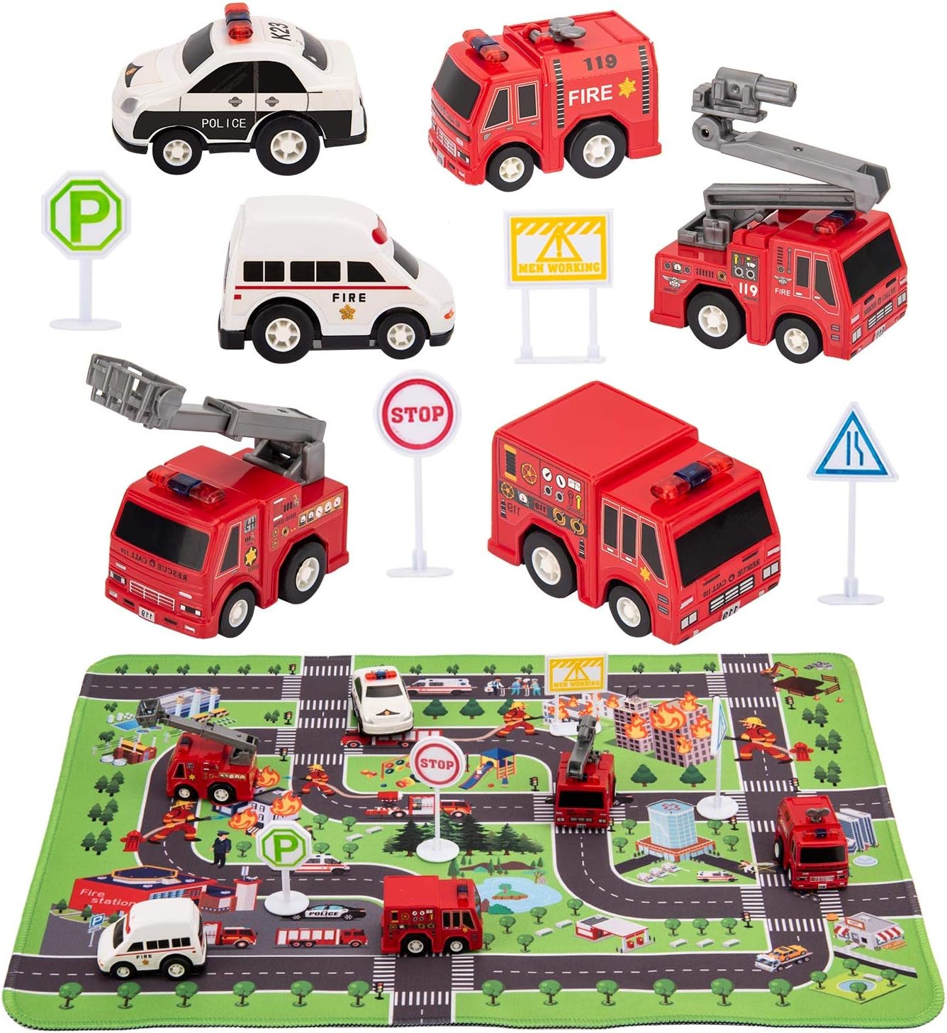 Kilpkonn Fire Truck Toys with Play Mat，Fire Vehicles Set Include 6 Fire Engines, 4 Road Signs, 14" x 18" Fire Rescue Playmat, Mini Pull Back Car Toys，Perfect Car Party Favors Gift