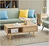 Rattan Coffee Table, Sliding Door for Storage, Solid Wood Legs, Modern Table for Living RoomNatural,Small