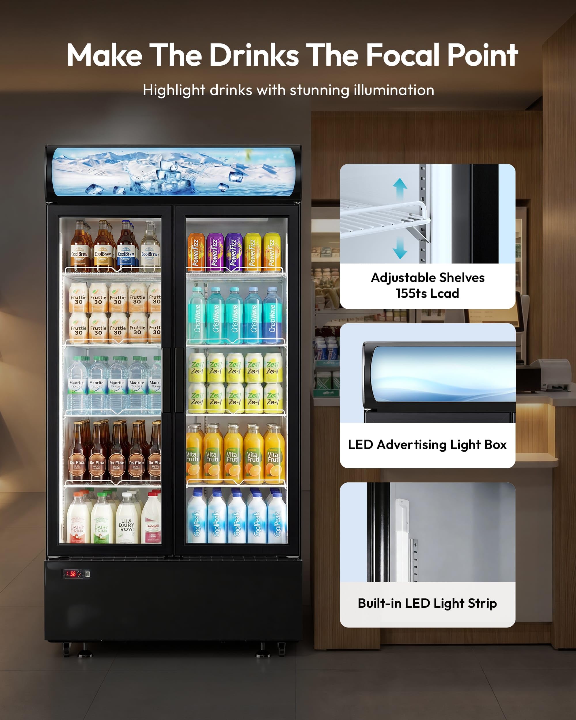 Icevival 25 Cu.Ft Commercial Refrigerator, Beverage Cooler With Built-In LED Light, Drink Display Fridge With Adjustable Shelves, 2 Glass Doors, Temperature Control, Etl Certified, 32-50°F on Fridge.com - View 6