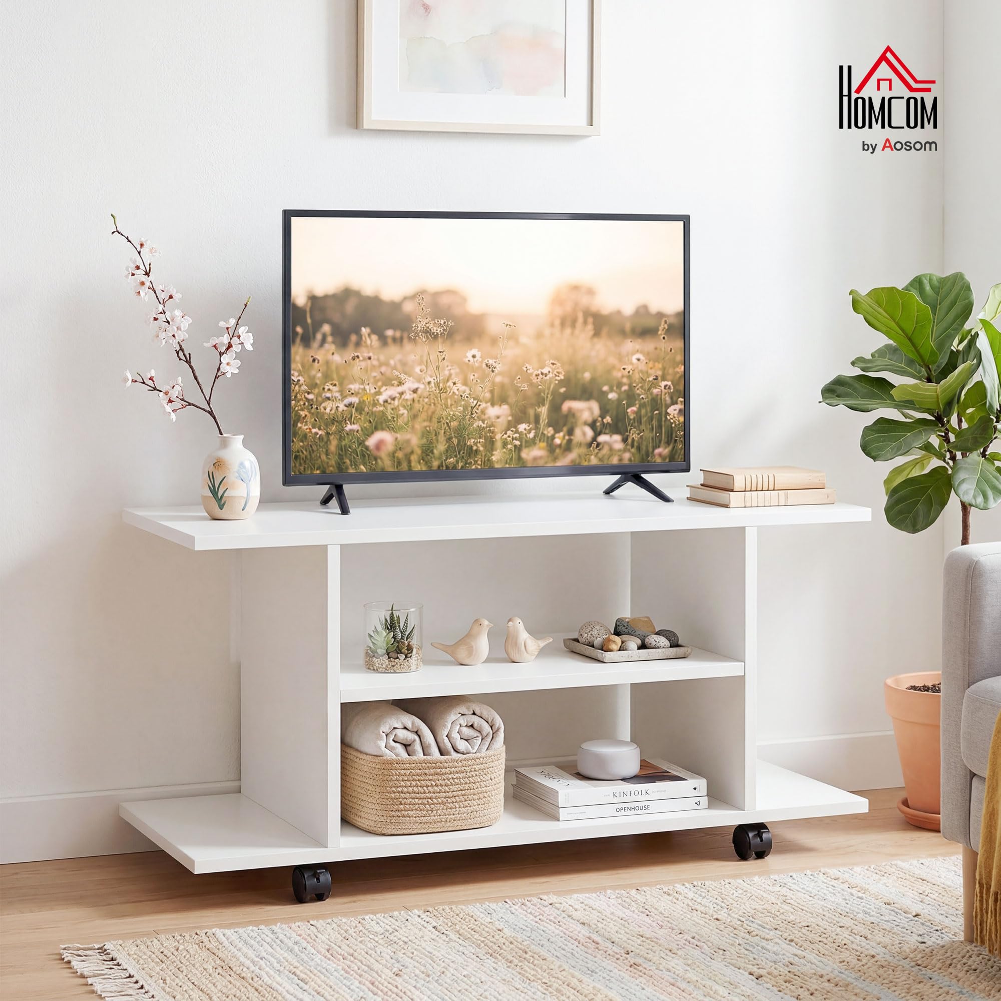 HOMCOM Mobile TV Moderno con Ripiani, 42" Porta TV con Ruote, 80x40x40 cm, Bianco