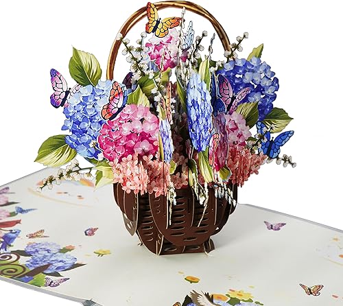 Tarjeta desplegable de cesta de hortensias - Tarjetas de felicitación de agradecimiento, cumpleaños, pensando en ti, recuperarte, día de San disponible en Yaxa Peru