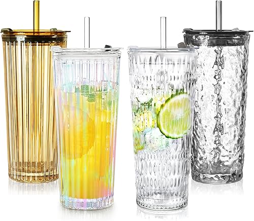 Miniatura 8 de Puraville Paquete de 2 vasos de vidrio de 18 onzas con tapas y pajitas, cristalería gruesa con patrón glaciar vintage para whisky, cóctel, cerveza,