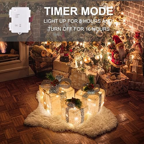 Miniatura 5 de Cajas de regalo iluminadas de Navidad, luces preiluminadas, cajas de regalo de tela de lino dorado, juego de cajas de regalo iluminadas a pilas de