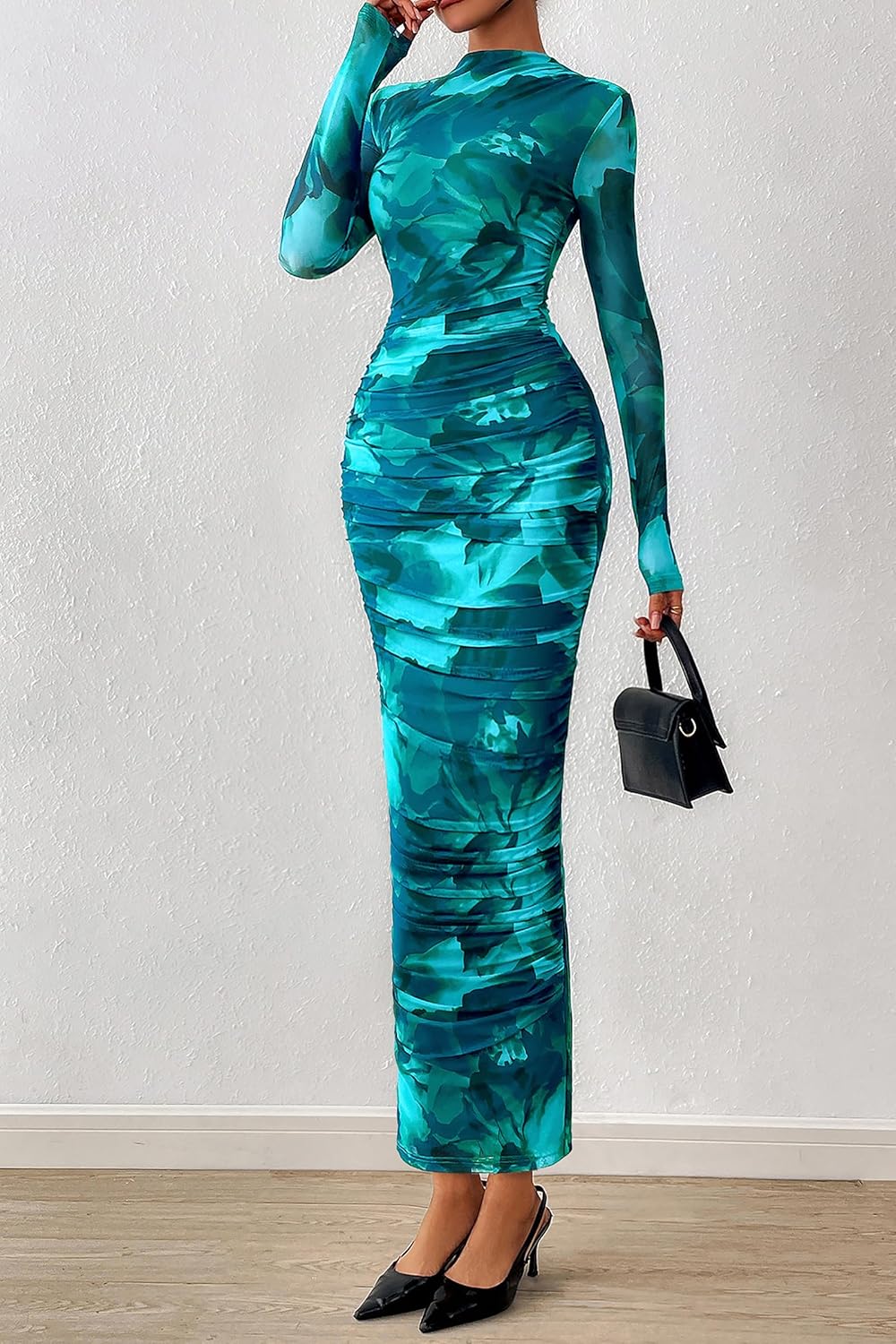 PRETTYGARDEN Womens Long Sleeve Maxi Dresses 2026 Spring Ruched Bodycon Floral Mesh Formal Wedding Guest Cocktail Party Dress - Image 8