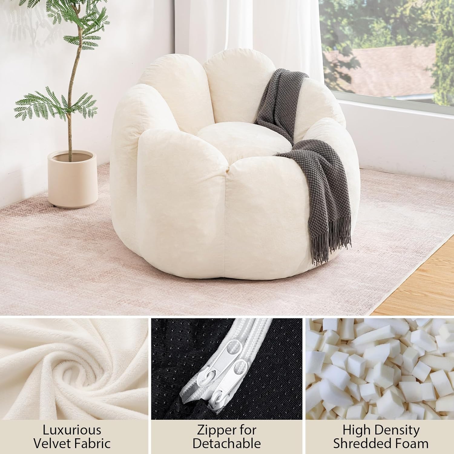 HOMMPA Bean Bag Chair for Adults Comfy Velvet Bean Bag Couch with Back Support Flower Shaped Oversized Sofa for Living Room,Bedroom,Dorm,Beige
