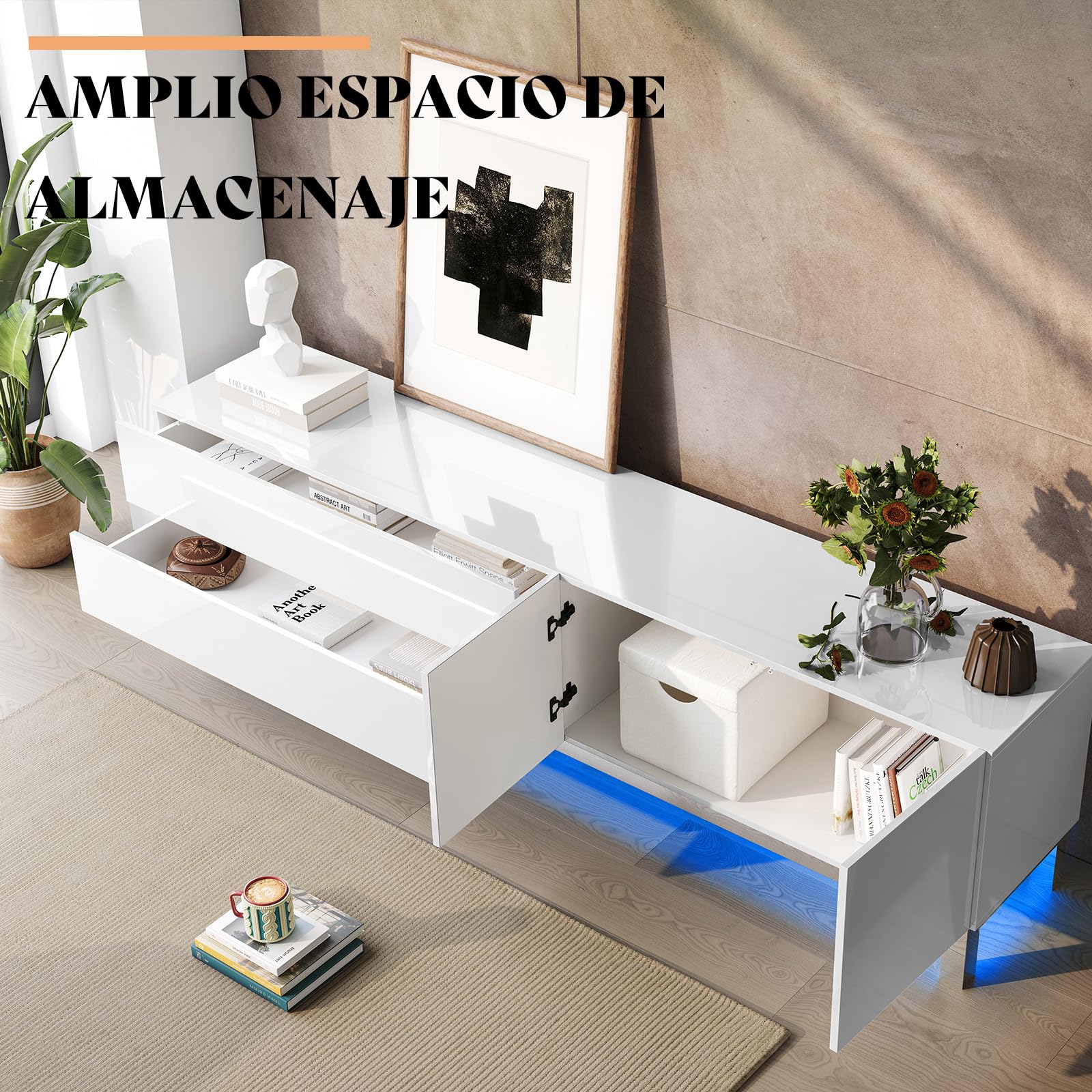 LUXOAK TV Lowboard Hochglanz Weiß mit LED, Fernsehschrank für Fernseher bis 80 Zoll, mit Schublade & Türen, 160 x 40 x 54.5cm, verchromten Füßen für Wohnzimmer & Schlafzimmer