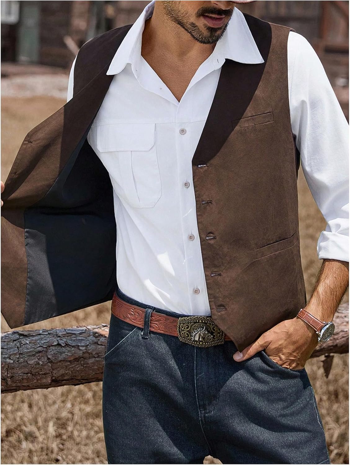 WDIRARA Men's Western Suit Vest Button Up Waistcoat Faux Suede Cowboy Vests - Image 3