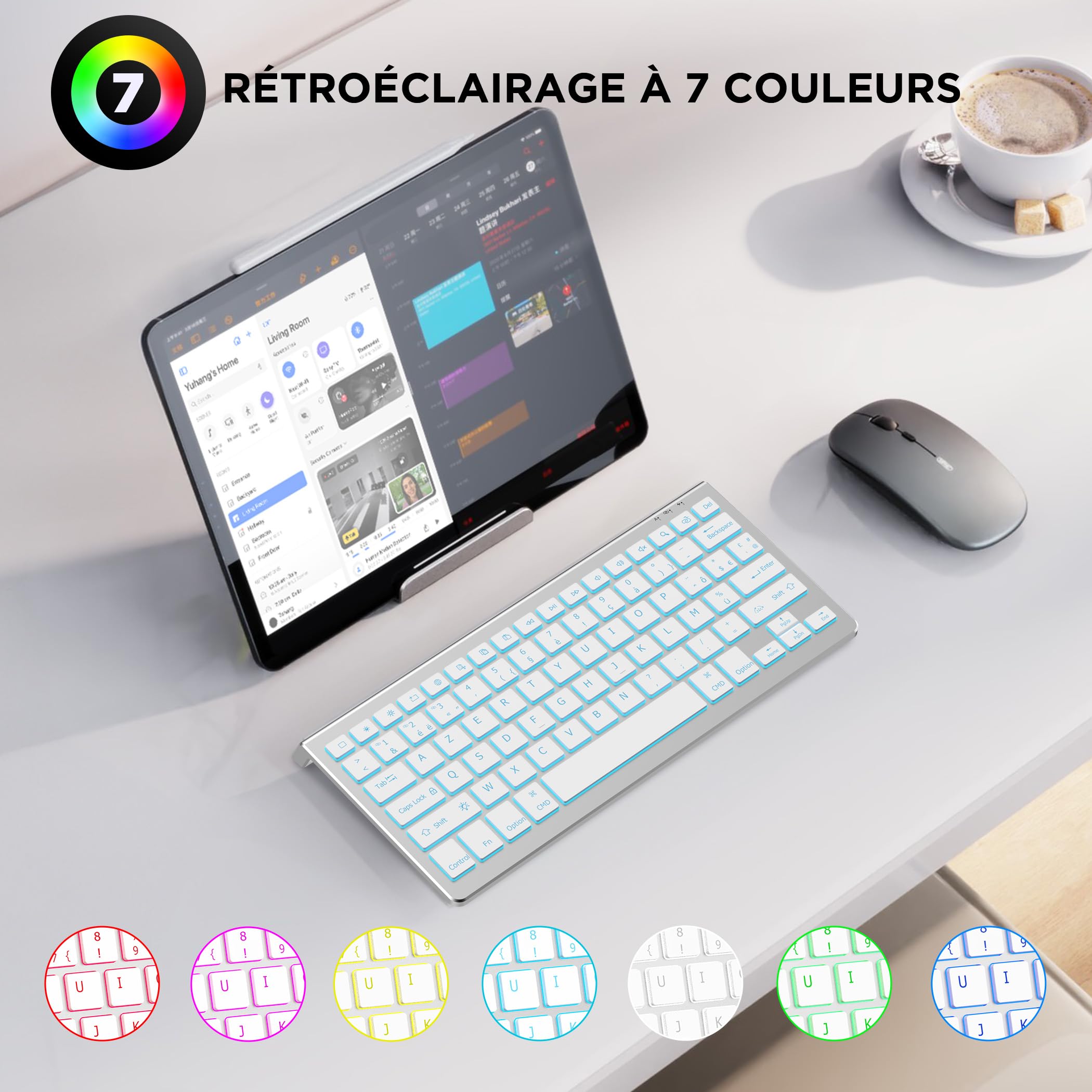 CACOE Clavier Bluetooth pour MacOS, iPadOS et iOS, Éclairage 7 Couleurs, Bluetooth 3 Canaux, pour iPad 10e Génération/iPad Air/Pro/Mac Mini, AZERTY Clavier Mac, Argent