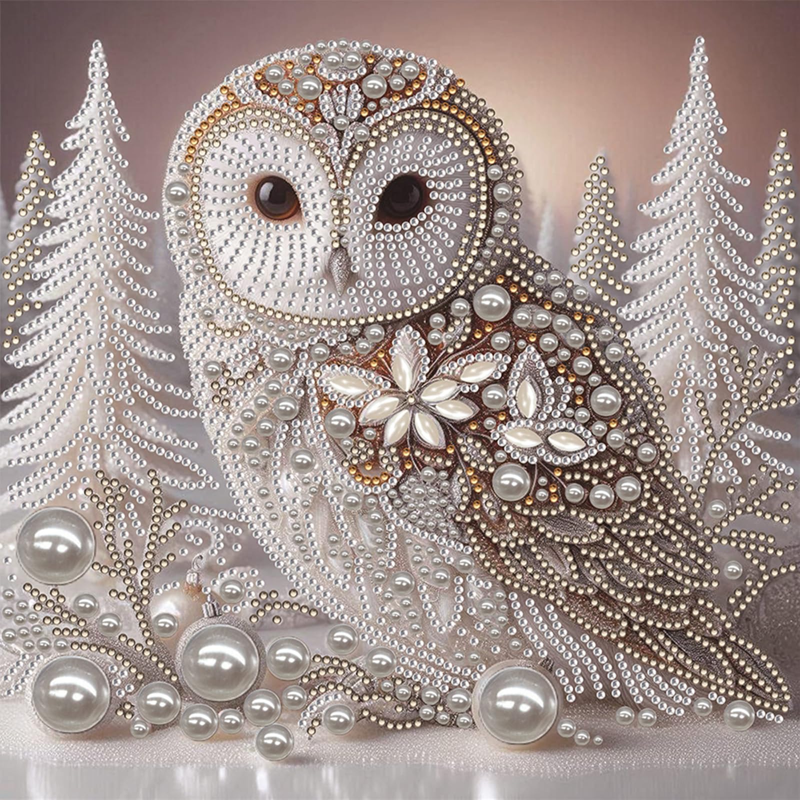 Pearl Snow Owl Special Shaped 5D DIY Partial Drill Diamond Painting Kit Home Art 30x30cm